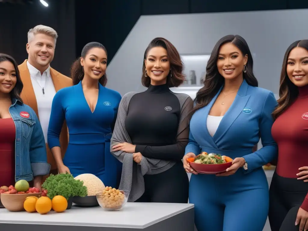 Grupo diverso con planes de comida personalizados en cocina moderna Un grupo diverso sonriendo, con distintos tipos de cuerpo, discutiendo planes de comida personalizados en una cocina moderna