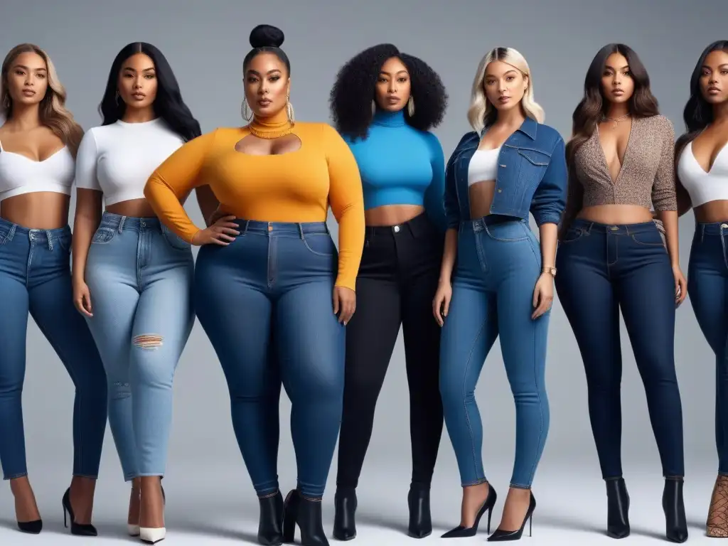 Estilos de jeans para todos: diversidad y moda para cada cuerpo Grupo diverso con diferentes tipos de cuerpo, luciendo los mejores jeans para todos cuerpos con estilo y confianza