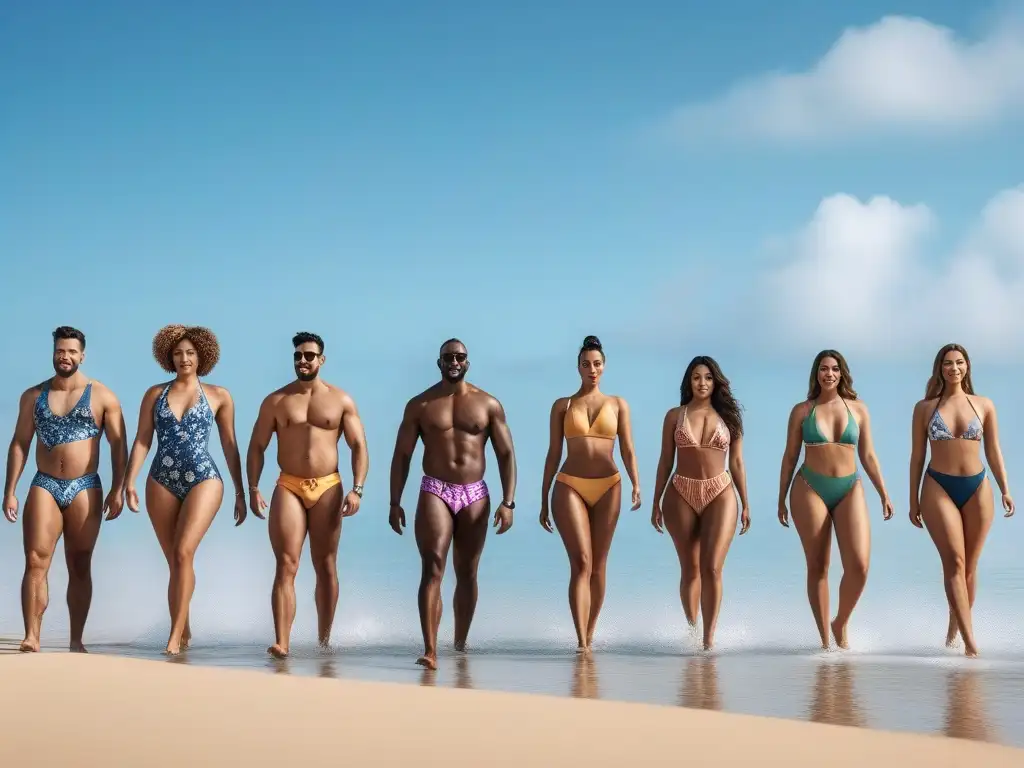 Empoderamiento en la playa: diversidad y estilo en trajes de baño Grupo diverso en trajes de baño inclusivos disfruta del verano en la playa