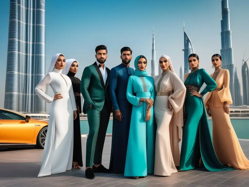 Moda inclusiva en Dubai: tradición y vanguardia Un grupo diverso en Dubái combina trajes tradicionales con moda contemporánea, frente al skyline futurista