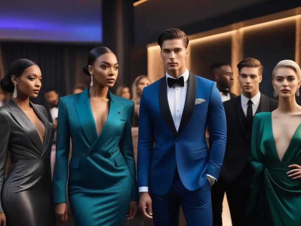 Glamour genderfluid: moda inclusiva en evento elegante Un grupo diverso luce trajes y vestidos de moda transgénero en evento glamuroso
