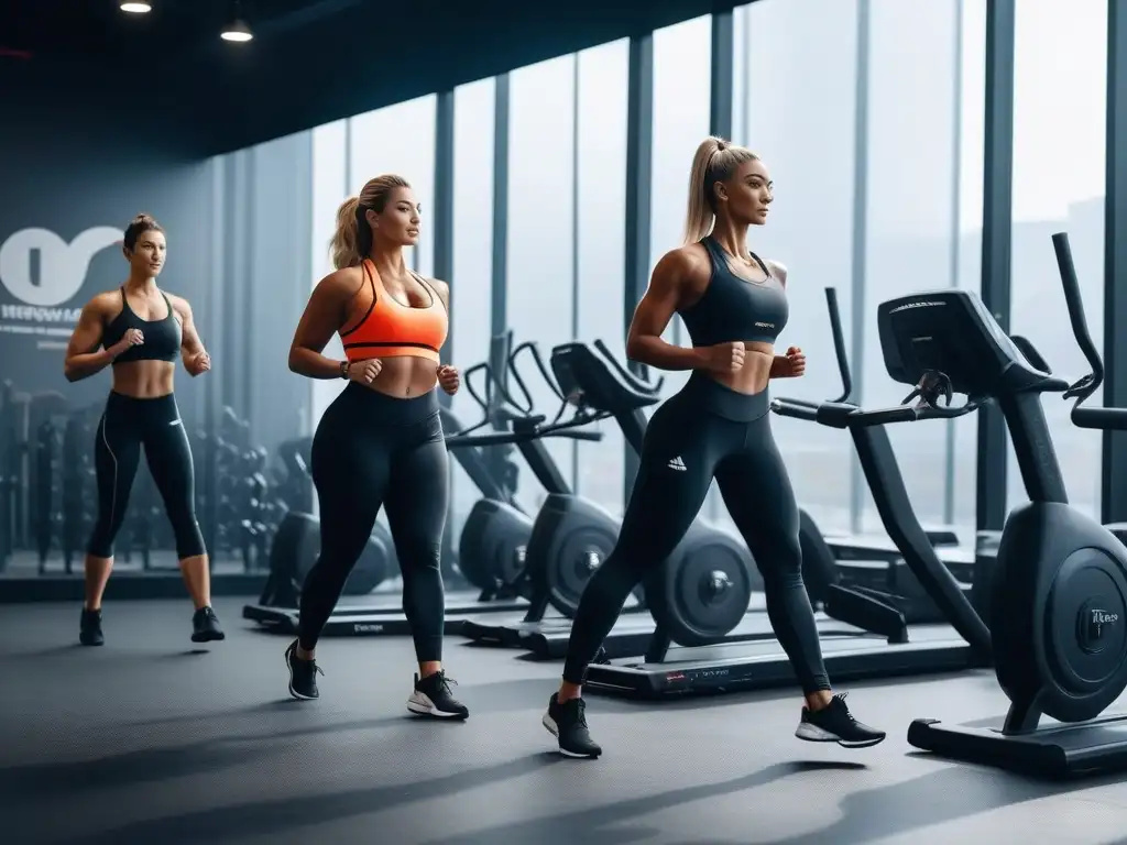 Entrenamiento premium en grupo: diversidad, unión y energía Un grupo diverso y unido disfruta de un entrenamiento premium en un gimnasio moderno y luminoso