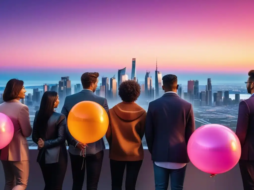 Unidad y diversidad: personas con globos frente a la ciudad al atardecer Un grupo diverso y unido de personas con globos coloridos frente a una ciudad al atardecer, ideal para campañas publicitarias para marcas inclusivas