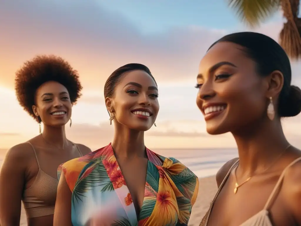 Grupo diverso de mujeres aplicando skincare al atardecer Un grupo diverso de viajeras aplica rutinas de cuidado de piel frente a un atardecer tropical