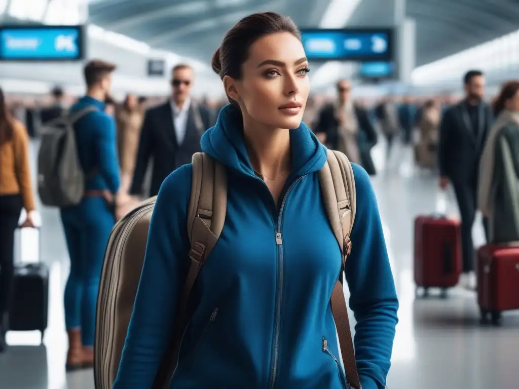 Viajeros sostenibles con estilo en aeropuerto moderno Un grupo diverso de viajeros con accesorios de viaje sostenibles y de moda en un aeropuerto bullicioso