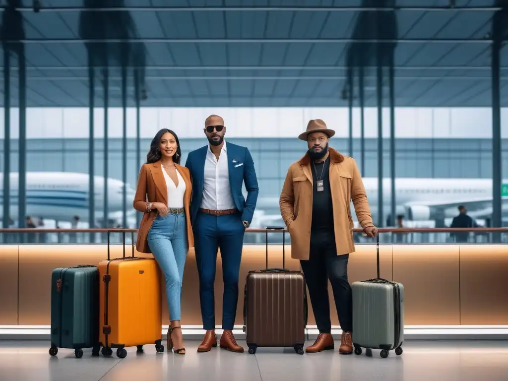 Viajeros ecochic en aeropuerto sostenible Un grupo diverso de viajeros con accesorios de viaje sostenibles, elegantes y modernos en una sala de aeropuerto