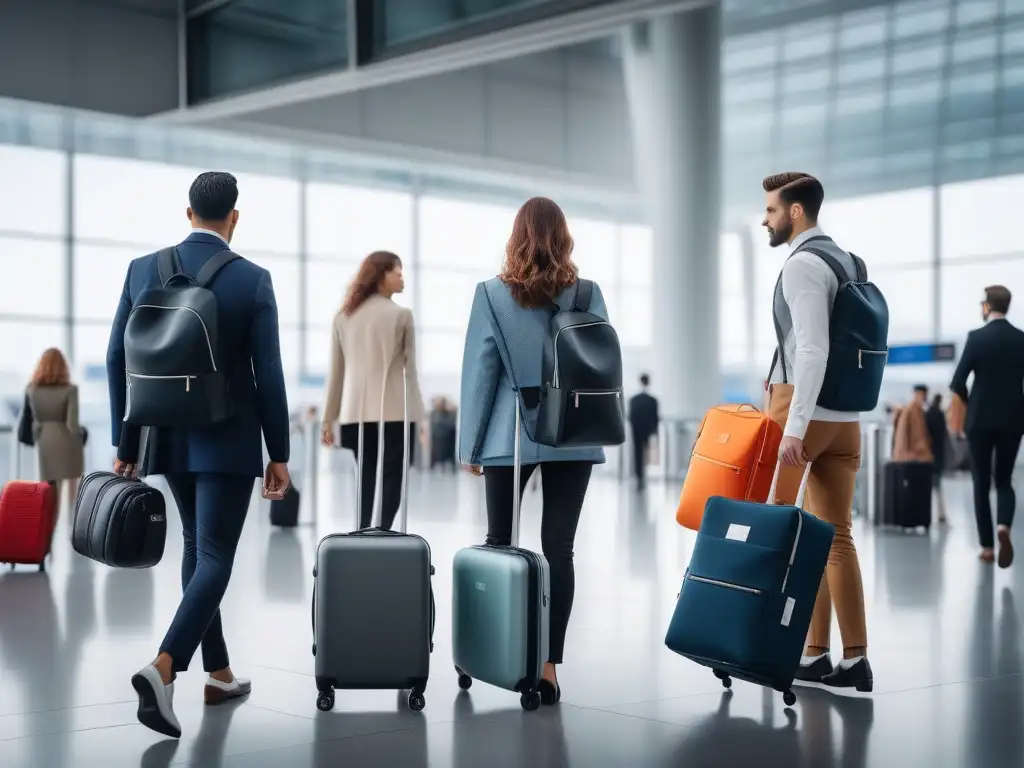 Viajeros inclusivos con accesorios de moda y funcionalidad en aeropuerto Un grupo diverso de viajeros con Accesorios de viaje para moda inclusiva en un aeropuerto moderno