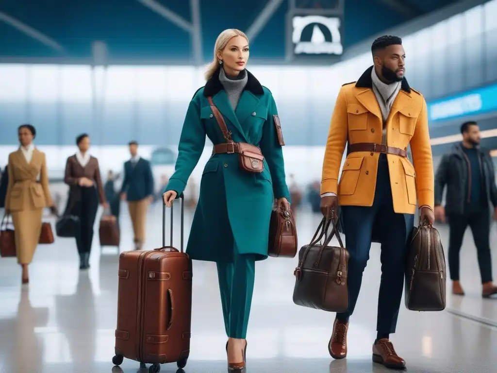 Viajeros con estilo: diversidad en accesorios de viaje Un grupo diverso de viajeros muestra accesorios de viaje para moda inclusiva en un aeropuerto bullicioso
