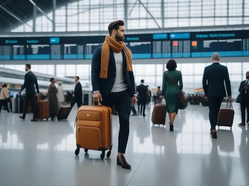 Diversidad y estilo en accesorios de viaje de alta moda en aeropuerto Un grupo diverso de viajeros con accesorios de moda inclusiva en un aeropuerto moderno y sofisticado