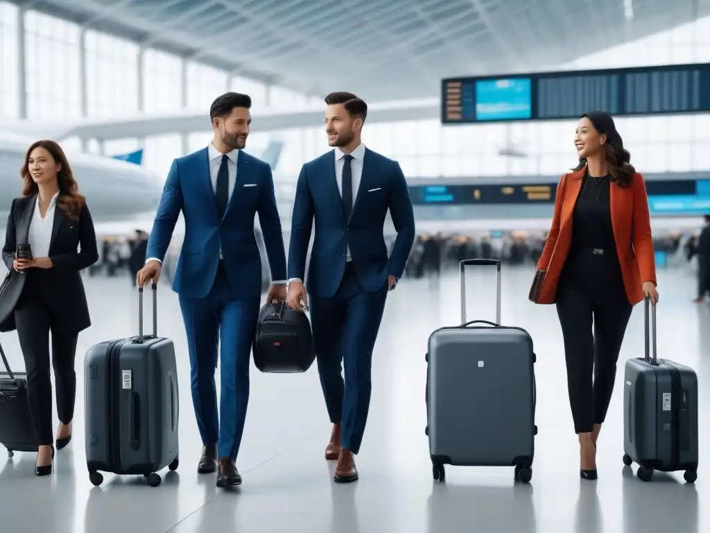Viajeros modernos con maletas inteligentes en aeropuerto Un grupo diverso de viajeros en un aeropuerto con equipaje inteligente, mejorando viajes con innovación y sofisticación