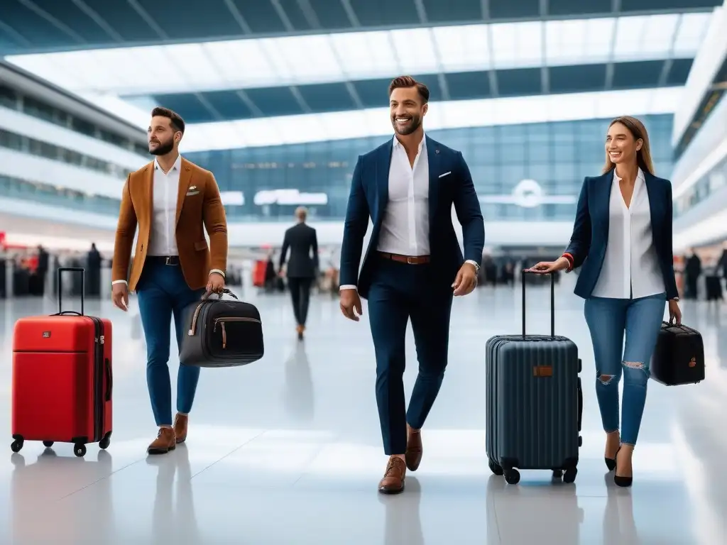 Viajeros seguros con equipaje inclusivo y de calidad Un grupo diverso de viajeros camina con confianza por el aeropuerto, llevando equipaje de calidad que se adapta a sus necesidades individuales