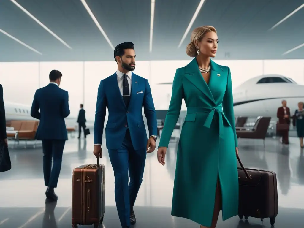 Viajeros elegantes con accesorios personalizados en aeropuerto moderno Un grupo diverso de viajeros elegantes muestra sus Accesorios de viaje personalizados inclusivos en una lujosa sala de espera de aeropuerto