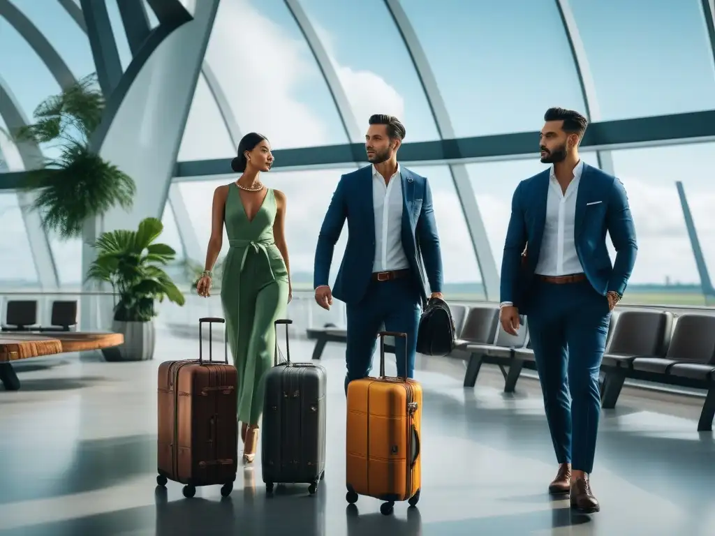 Grupo diverso de viajeros elegantes en lounge ecológico Grupo diverso de viajeros elegantes en lounge ecológico con accesorios viaje sostenibles moda diversa