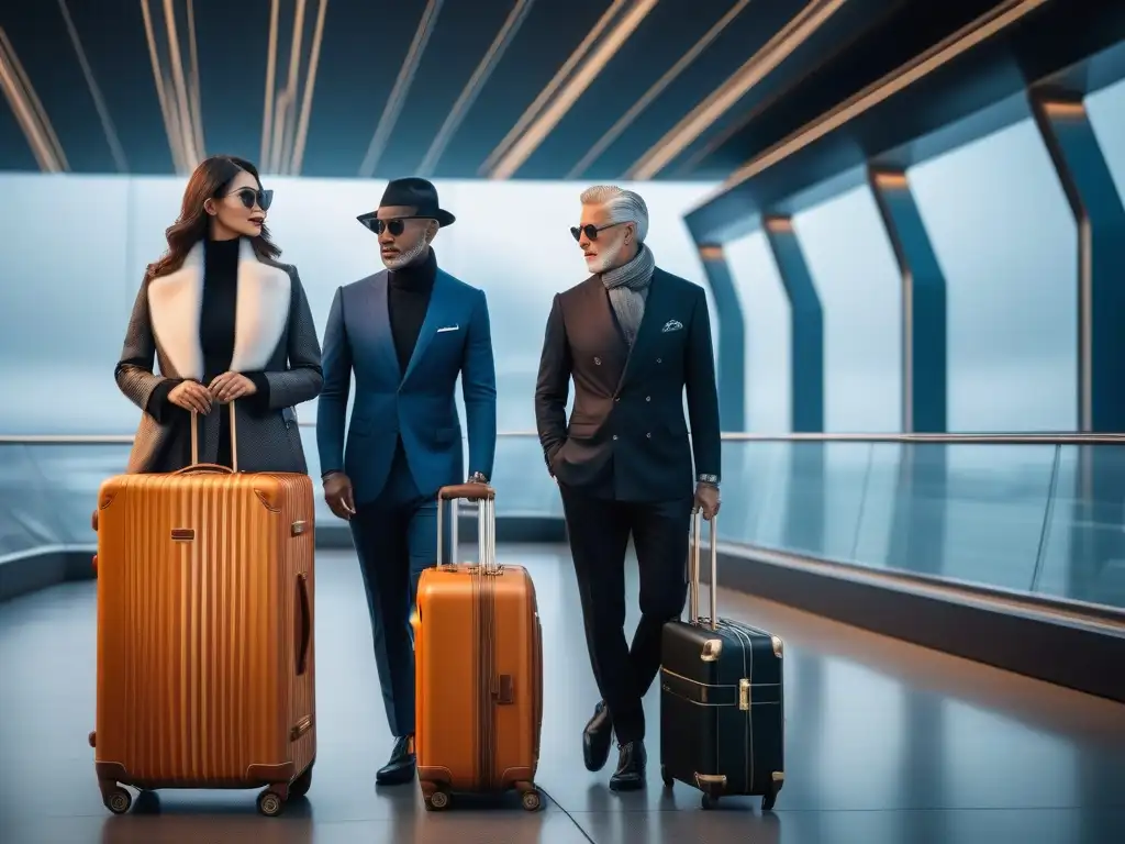 Viajeros sofisticados con equipaje de lujo en aeropuerto futurista Un grupo diverso de viajeros elegantes con diseño inclusivo en la moda en un aeropuerto futurista