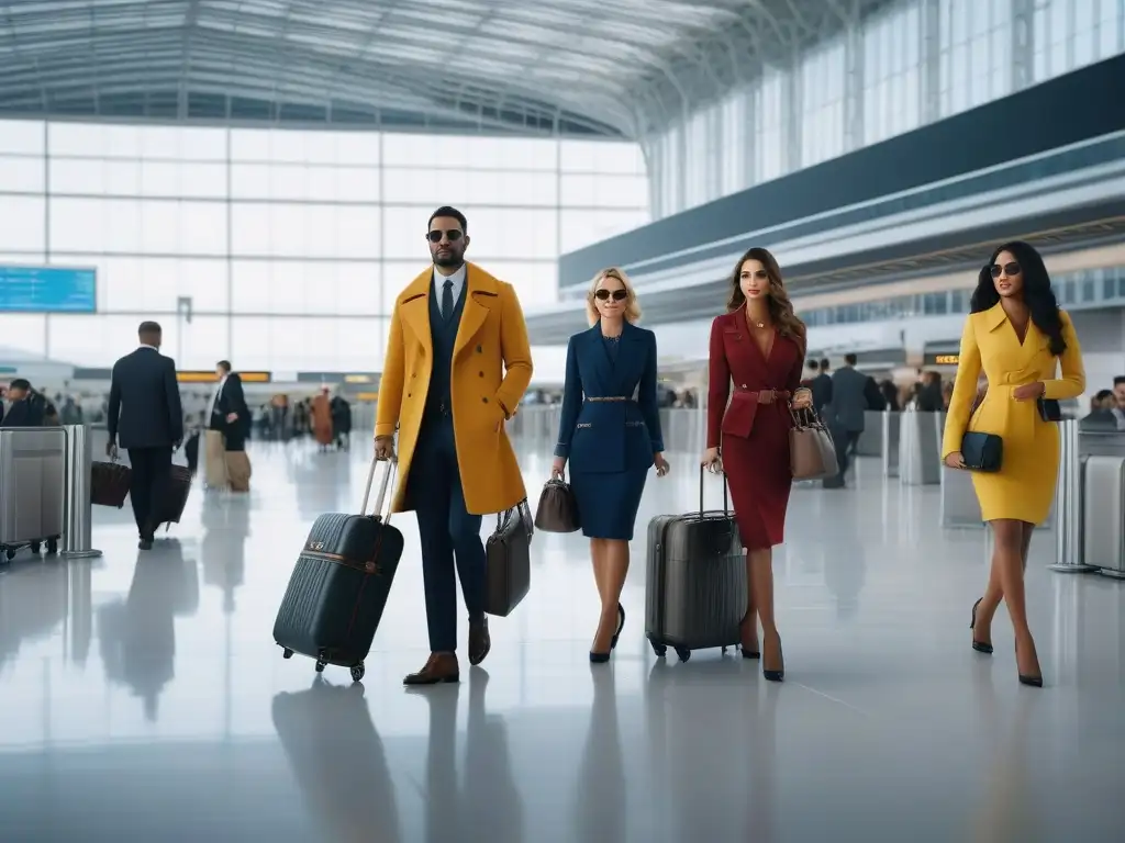 Viajeros de lujo en aeropuerto moderno Un grupo diverso de viajeros elegantes con equipaje de lujo para viajes largos en un aeropuerto moderno y sofisticado