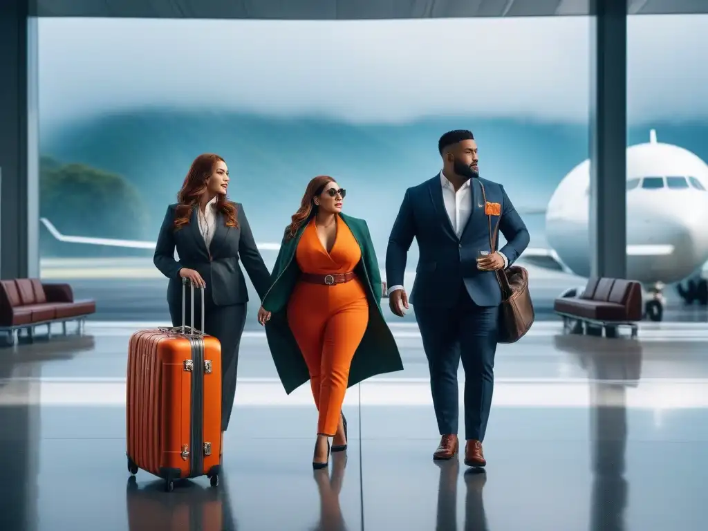 Viajeros plussize con estilo en aeropuerto moderno Un grupo diverso de viajeros con equipaje para tallas grandes, listos para su próxima aventura en una sala de aeropuerto luminosa y moderna