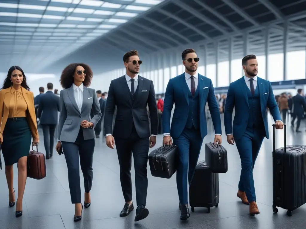 Viajeros elegantes con equipaje a medida en un aeropuerto vibrante Un grupo diverso de viajeros con equipaje adecuado para viajes, listos y elegantes en un aeropuerto bullicioso