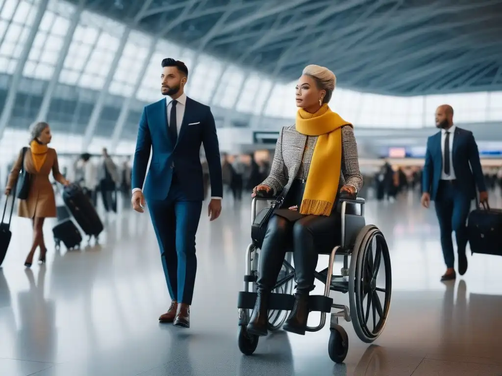 Moda inclusiva en aeropuerto: viajeros diversos con estilo Un grupo diverso de viajeros con estilo y accesorios de viaje para moda inclusiva caminan con confianza en un aeropuerto futurista