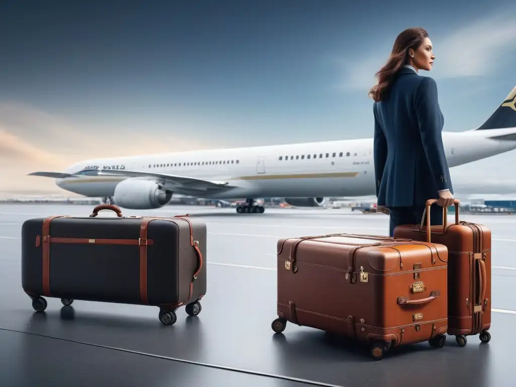 Viajeros diversos con lujosos equipajes en escenarios exclusivos Un grupo diverso de viajeros felices llevando equipaje de lujo para viajes largos en distintos escenarios