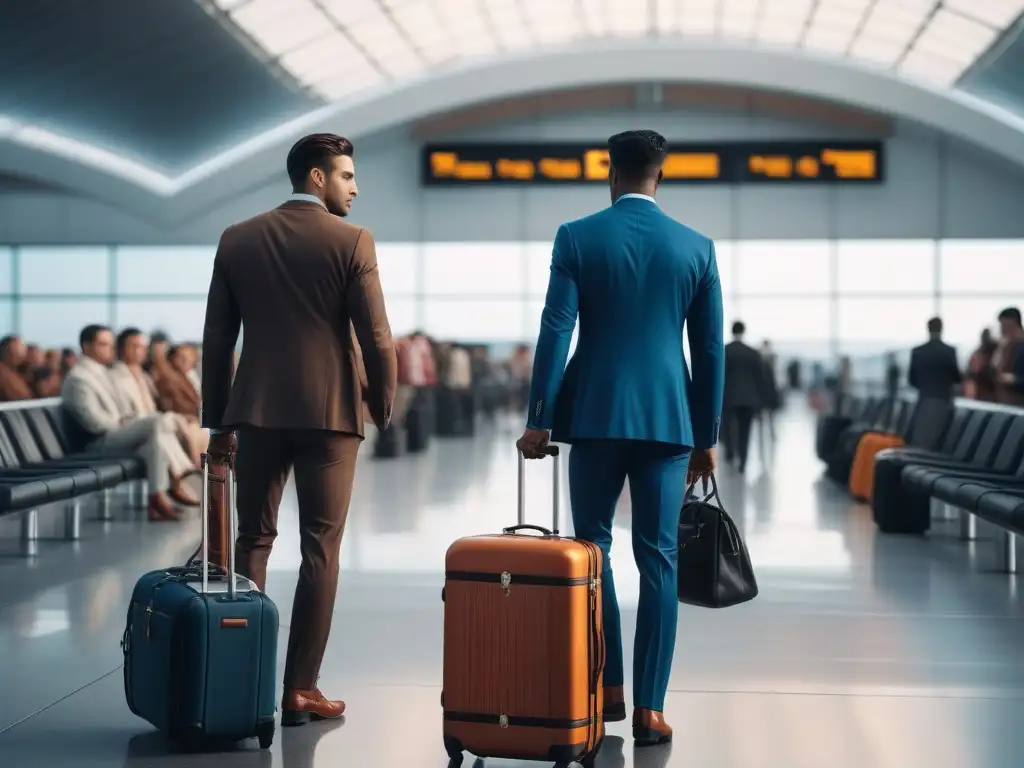 Viajeros elegantes con maletas de lujo en aeropuerto moderno Un grupo diverso de viajeros rueda maletas elegantes por una terminal de aeropuerto moderna y sofisticada