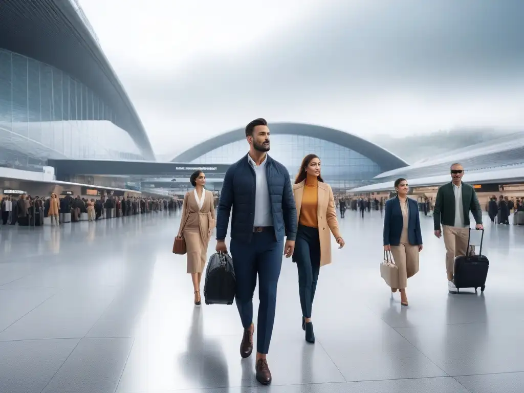 Viajeros empoderados: moda adaptativa en aeropuerto Un grupo diverso de viajeros con moda adaptativa en un aeropuerto vibrante