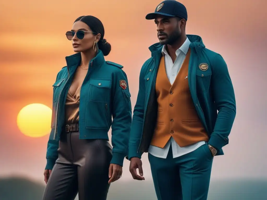 Viajeros al atardecer: estilo, diversidad y aventura Un grupo diverso de viajeros con outfits versátiles frente a un atardecer impresionante