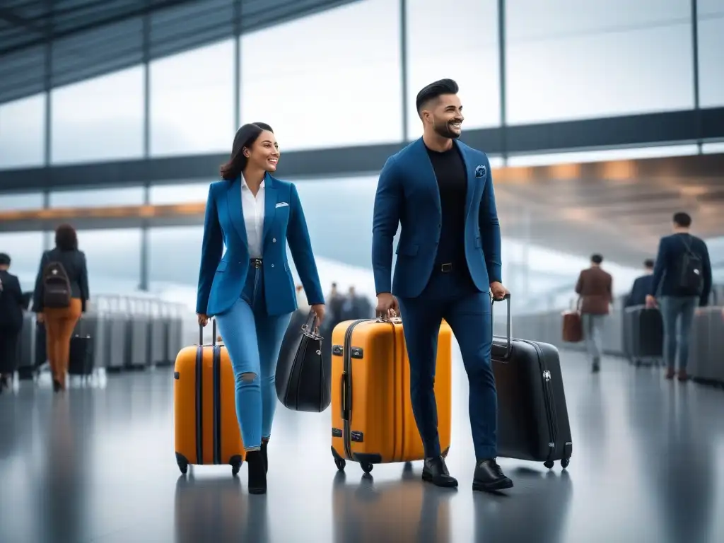 Viajeros sonrientes con equipaje de alta calidad en un aeropuerto animado Un grupo diverso de viajeros sonrientes, llevando equipaje de calidad en un aeropuerto bullicioso