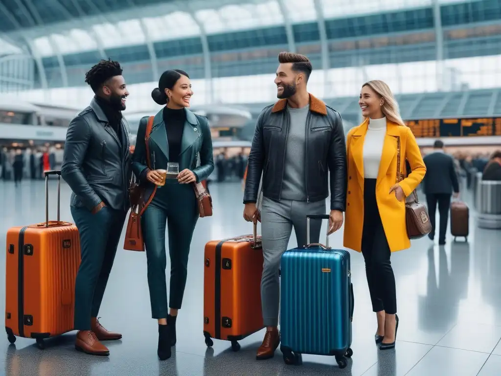 Viajeros felices con accesorios personalizados en aeropuerto moderno Un grupo diverso de viajeros sonrientes con accesorios de viaje personalizados inclusivos en un aeropuerto moderno y lujoso