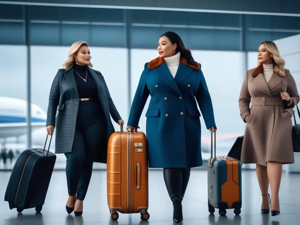 Viajeros de talla grande con estilo en aeropuerto de lujo Un grupo diverso de viajeros de tallas grandes elegantes manejando equipaje de marcas exclusivas en un aeropuerto