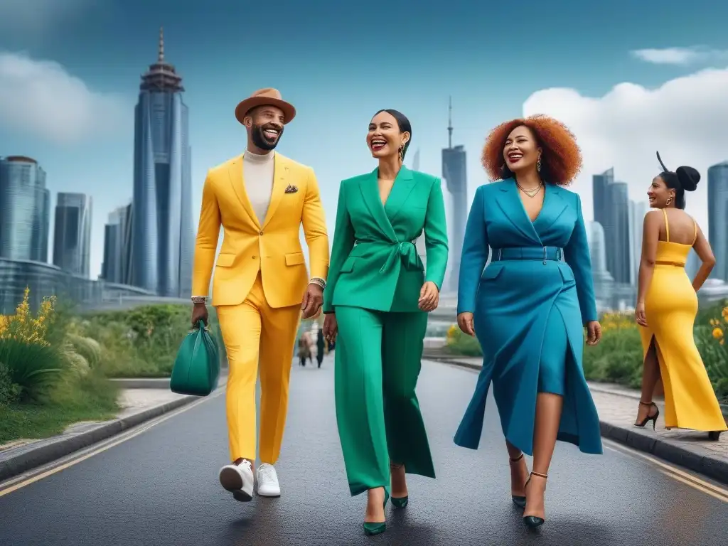 Moda inclusiva y sostenible: diversidad, estilo y alegría en la ciudad Un grupo diverso y vibrante disfruta de la moda inclusiva sostenible en un entorno urbano sostenible y moderno