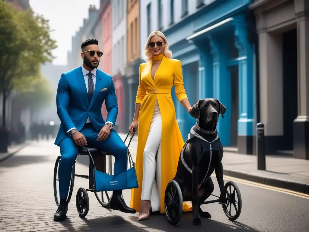 Inspiración inclusiva: Moda adaptativa para eventos especiales Un grupo diverso y vibrante, cada uno mostrando su estilo único con moda adaptativa para eventos especiales en una bulliciosa calle de la ciudad