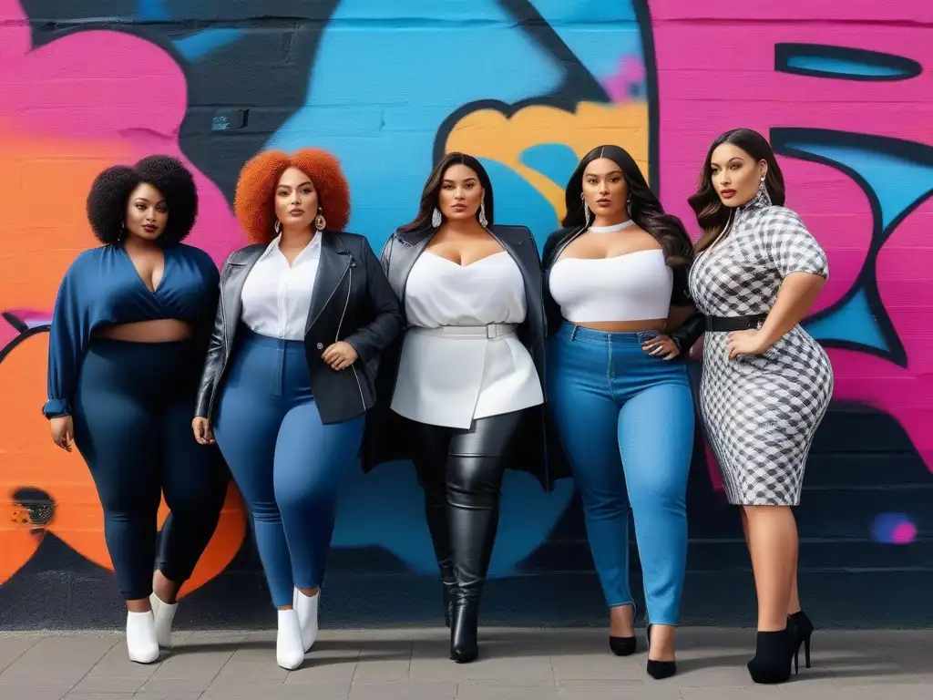 Plussize: Empoderamiento y estilo diverso frente al graffiti Un grupo diverso y vibrante de mujeres de tallas grandes de diferentes etnias posando con confianza frente a un mural de graffiti colorido