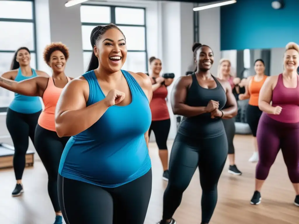 Clase fitness inclusiva y vibrante para todos los cuerpos Un grupo diverso y vibrante de personas plus size participa con alegría en una clase de entrenamiento de alta energía