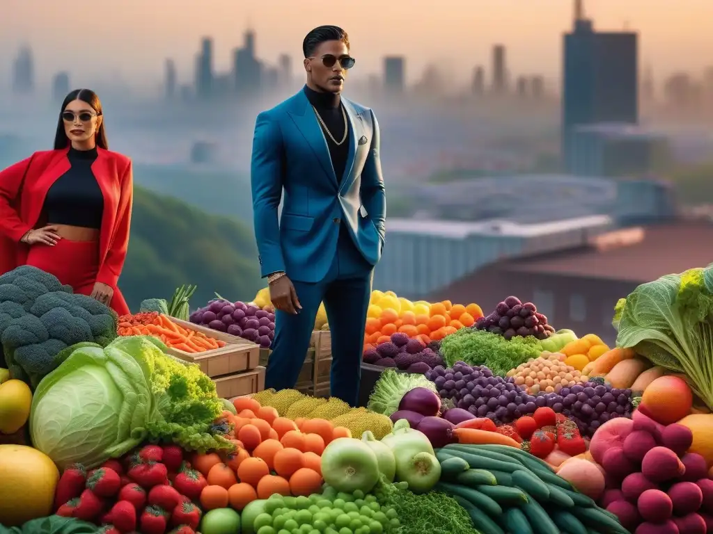 Diversidad y bienestar: nutrición personalizada para todos Un grupo diverso y vibrante de personas en atuendos inclusivos rodeados de frutas y verduras coloridas, con un fondo de ciudad moderna
