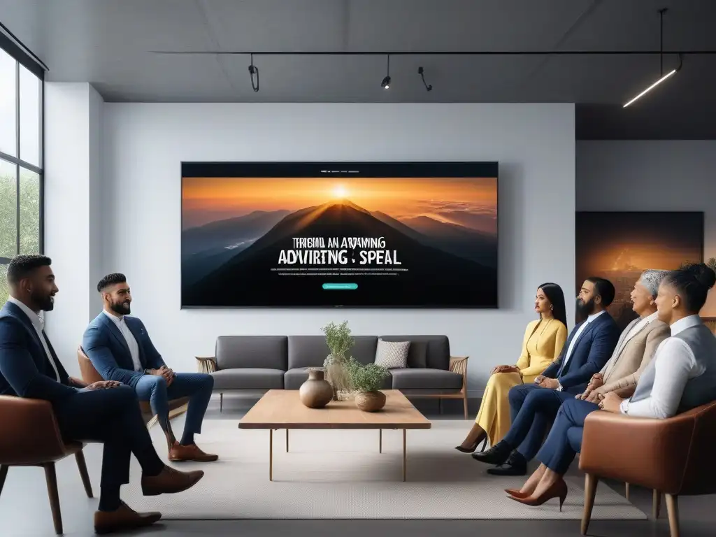 Campaña publicitaria inclusiva: unión y diversidad en la oficina Un grupo diverso y vibrante de personas se reúne alrededor de una pantalla digital mostrando una campaña publicitaria inclusiva
