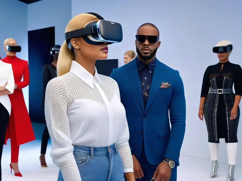 Experiencia de moda inclusiva en realidad virtual Un grupo diverso prueba ropa virtual inclusiva en un showroom futurista, vibrante y empoderador