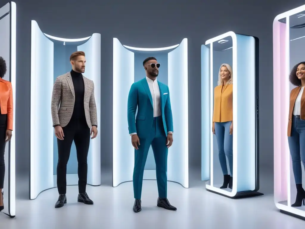 Experiencia futurista: probando moda inclusiva con realidad aumentada Grupo diverso prueba ropa virtual inclusiva en futurista vestidor digital