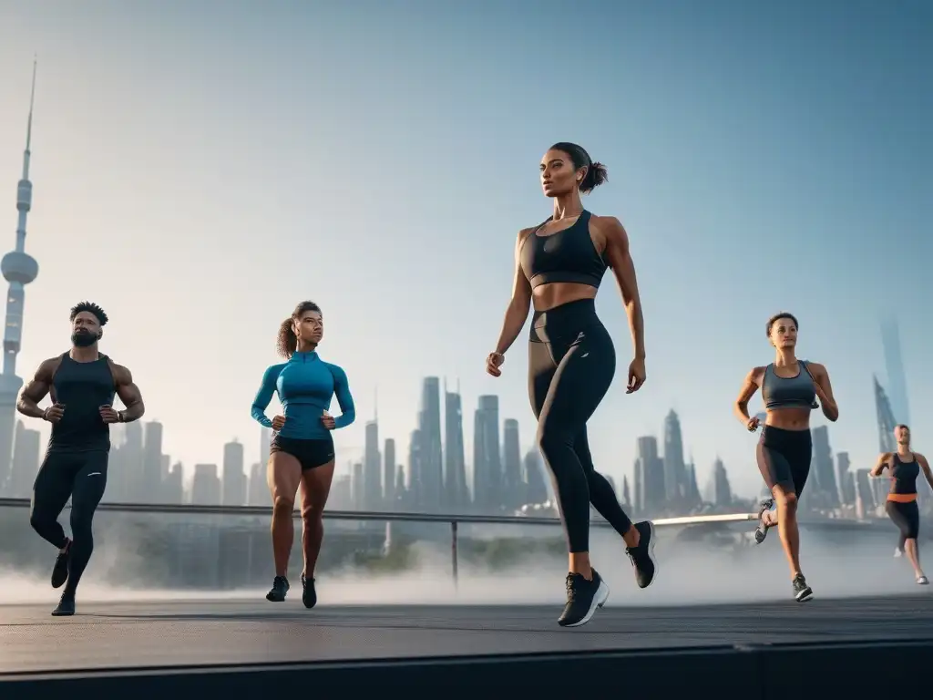 Energía y vitalidad: diversidad en actividades físicas Un grupo diverso y vital practica yoga, levantamiento de pesas y running en una ciudad futurista