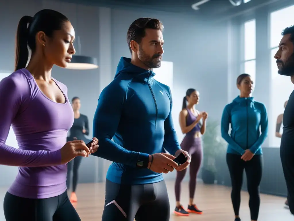 Estilo de vida saludable con tecnología de vanguardia en el gym Grupo diverso usando wearables para autocuidado personalizado en un gimnasio futurista