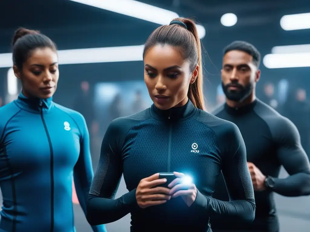 Grupo diverso en gimnasio futurista con tecnología y salud Un grupo diverso usando wearables en un gimnasio futurista, practicando yoga, running y ciclismo con determinación