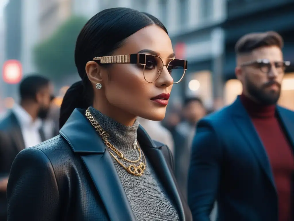 Fashion futurista: diversidad y elegancia con wearables premium Un grupo diverso usando wearables premium en un entorno urbano chic, transmitiendo inclusividad y sofisticación
