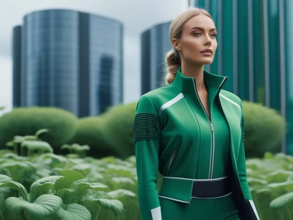 Moda sostenible y tecnología wearable en un entorno urbano futurista Un grupo diverso viste wearables moda sostenible en entorno urbano futurista, simbolizando innovación e inclusividad