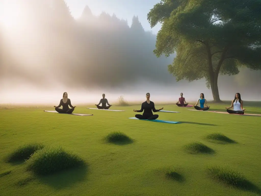 Unidad en la naturaleza: diversidad y bienestar con yoga al aire libre Grupo diverso sonriendo y practicando yoga al aire libre en un parque