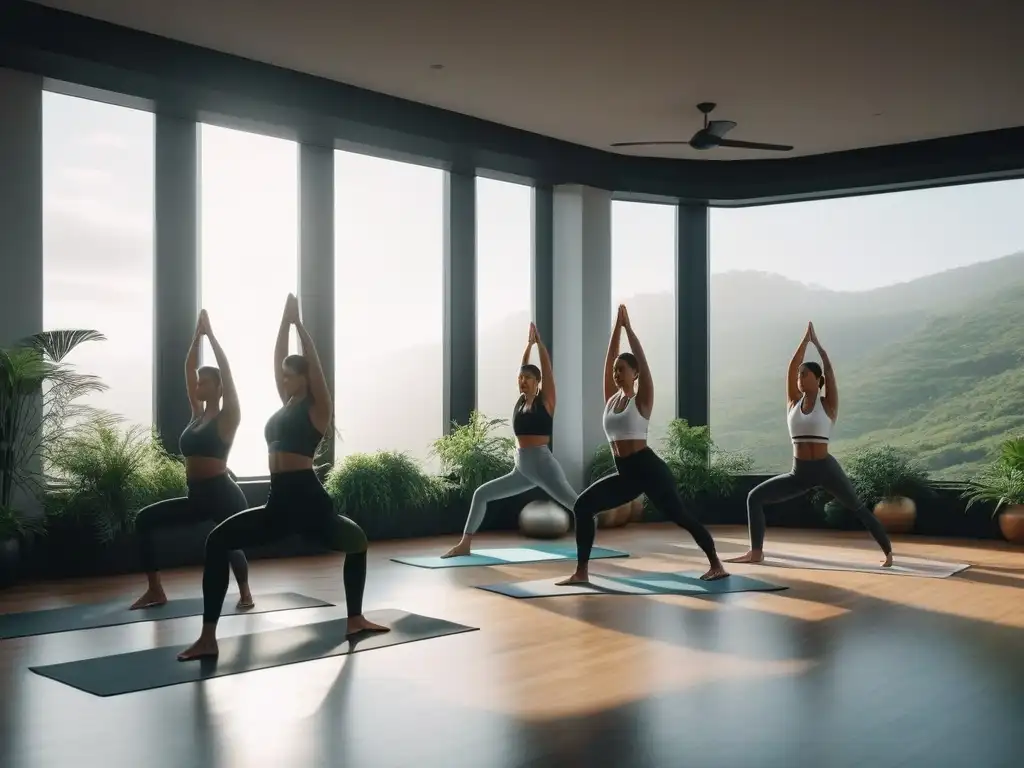 Práctica de yoga en sala serena y luminosa con personas diversas Grupo diverso practicando yoga en un espacio sereno y lleno de luz, rodeado de plantas