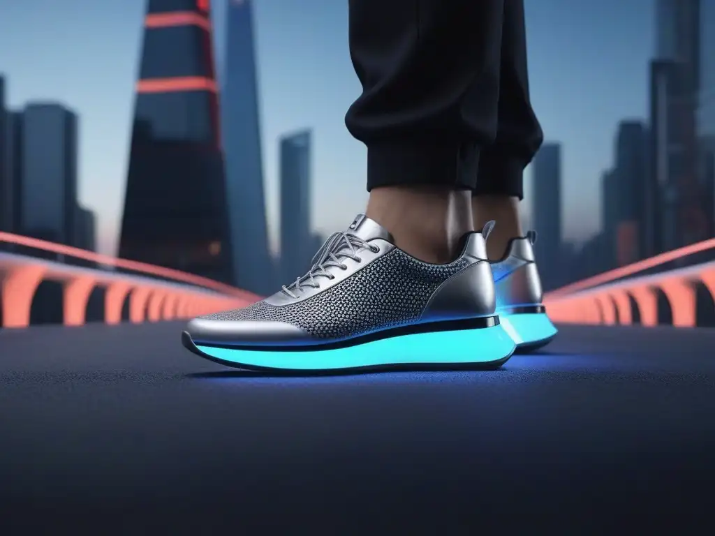 Innovación en calzado: diversidad y tecnología en la ciudad del futuro Un grupo diverso con zapatos inteligentes tecnología calzado inclusivo en ciudad futurista