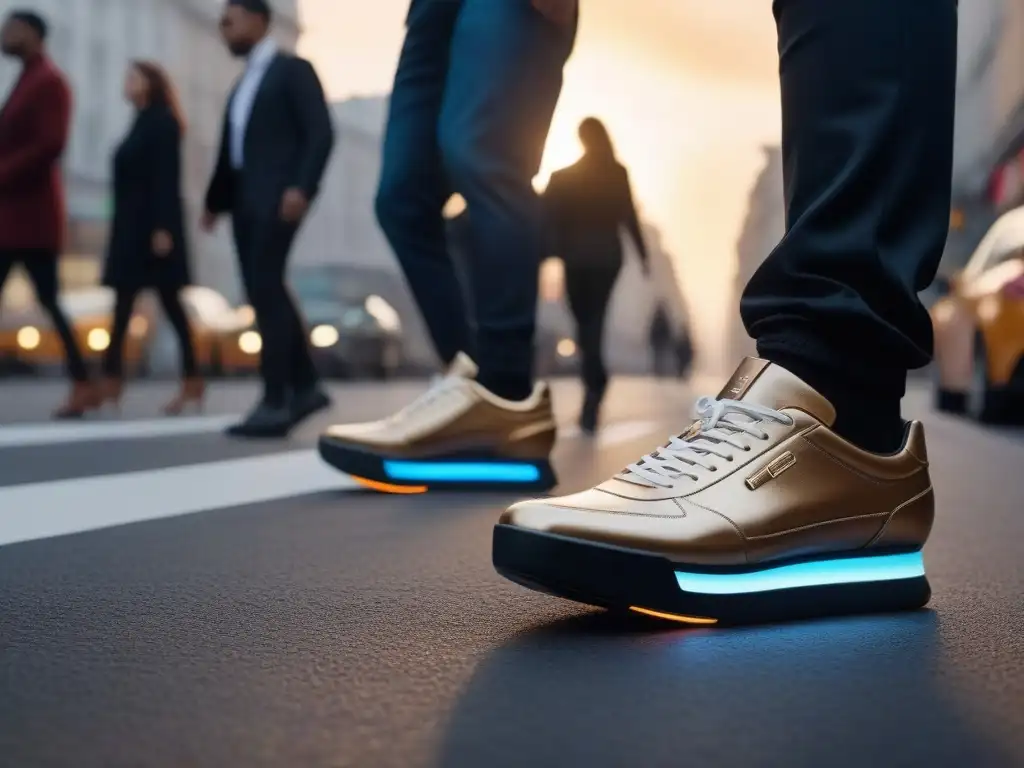 Calzado inteligente de vanguardia en la ciudad al atardecer Un grupo diverso usando zapatos inteligentes con tecnología futurista en una ciudad atareada al atardecer