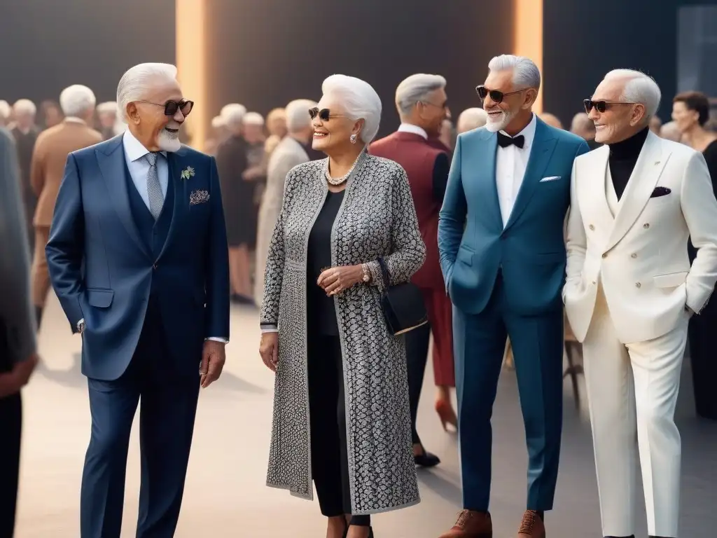 Seniors fashionistas: diversidad y elegancia en evento de moda Un grupo elegante de hombres y mujeres mayores, vestidos con estilo y tendencia, disfrutando de un evento de moda