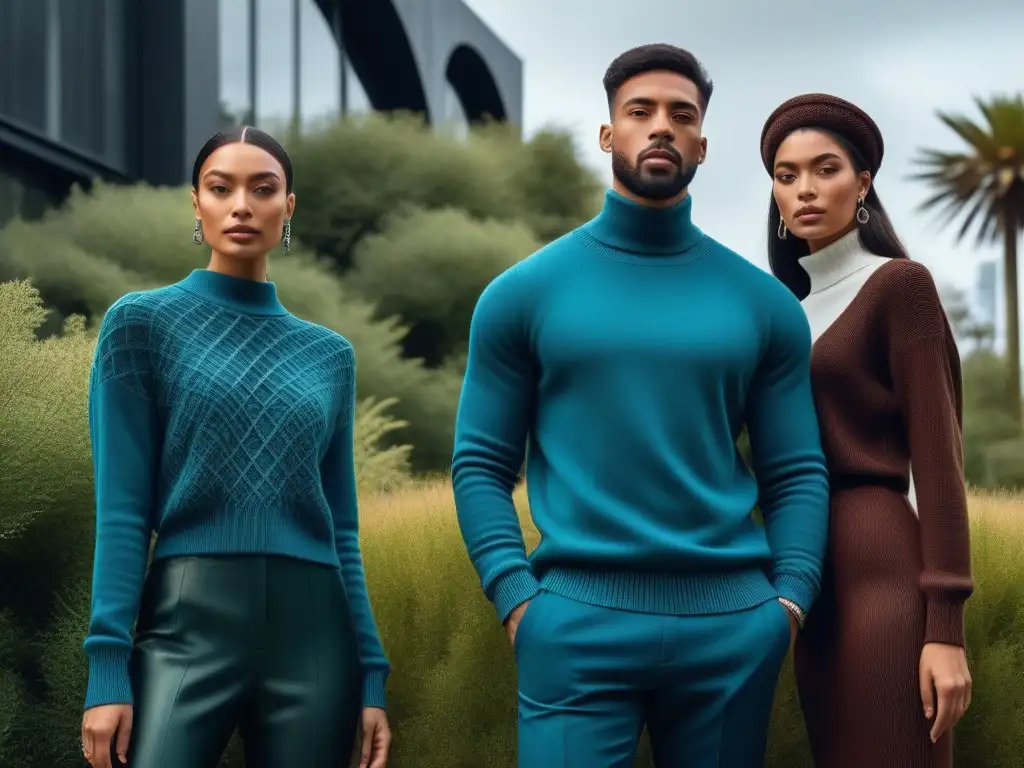 Altura y estilo: moda knitwear para personas altas en entorno urbano Un grupo elegante de personas altas vistiendo ropa de punto para altos, confiadas y estilosas en un entorno urbano moderno y chic