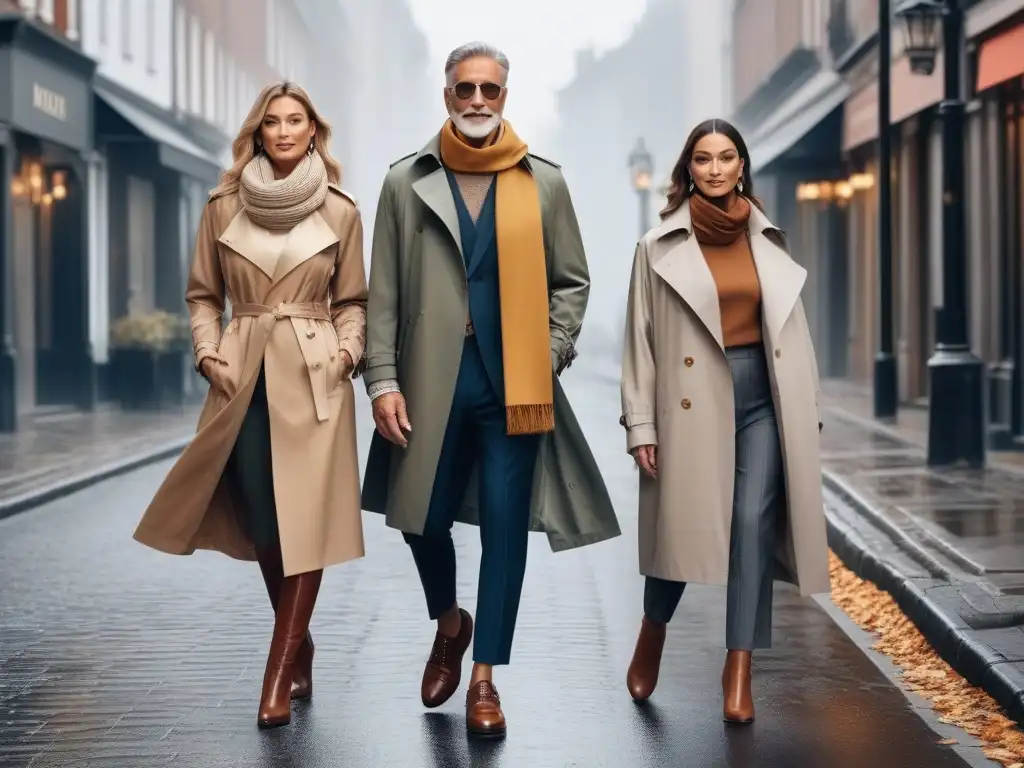 Grupo elegante de personas mayores, luciendo capas de moda senior para clima diverso en una ciudad otoñal