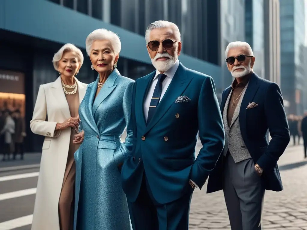 Moda madura: Estilo y confianza en la ciudad Un grupo de elegantes adultos mayores posando con confianza en la calle, luciendo tendencias de moda apropiadas para su edad